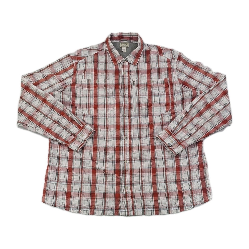 LL BEAN Men Plaid Shirt XXLT Red Grey Vented Seersucker Mesh Roll Tab Zip Pocket